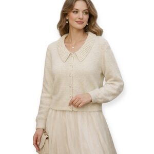 Vintage Victoria Holley Angora Blend Cardigan Pearl Collar Button-Up Sz XL
